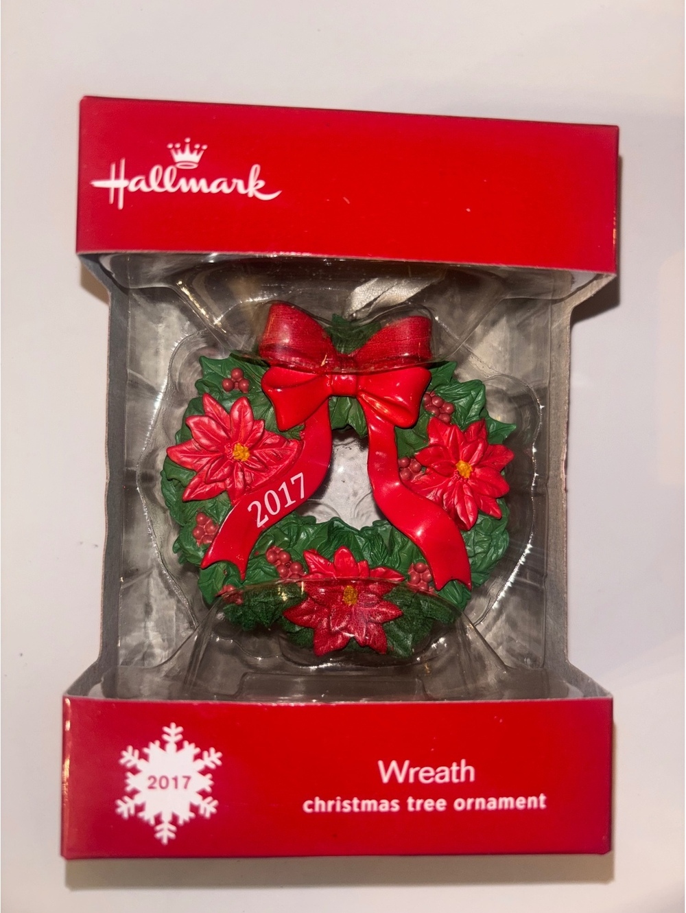 Hallmark 2017 Wreath Christmas Tree Ornament Poinsettia Red Bow New in Box